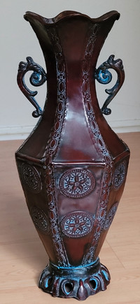Vintage Copper Tone Metal Embossed Vase with Cast Iron Base