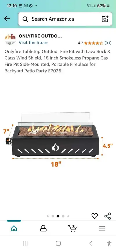 Onlyfire tabletop outdoor firepit with lava rock and glass windshield 18 inch smokeless propane gas,...
