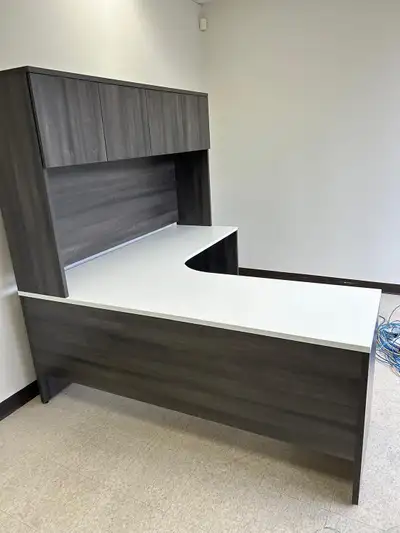 L-Shape Desk with Hutch – Mahogany Finish | Excellent Condition Upgrade your workspace with this pre...