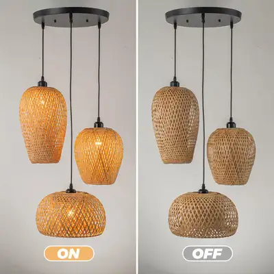 Rustic Rattan 3-Light Pendant Chandelier - Bamboo Wicker Lamp Sh, View more