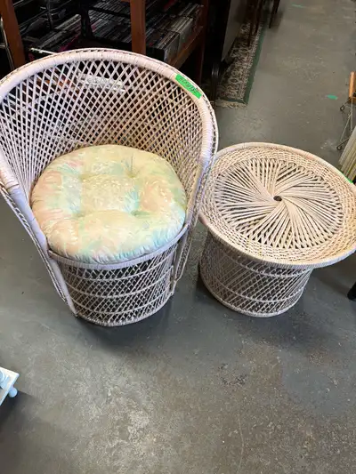 Light pink wicker chair and table some life marks but still solid great for indoors as well canner u...