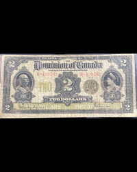 1914 Canadian $2 R serial number seal over two bank note