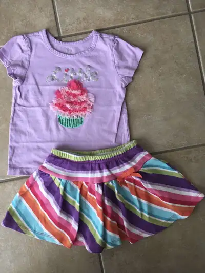 Super cute!! Great Birthday outfit!! Skort size 3 Gymboree Brand but fits bigger more like a size 4....