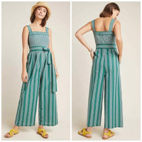Anthropologie green striped Linen Jumpsuit size 6, new with tags