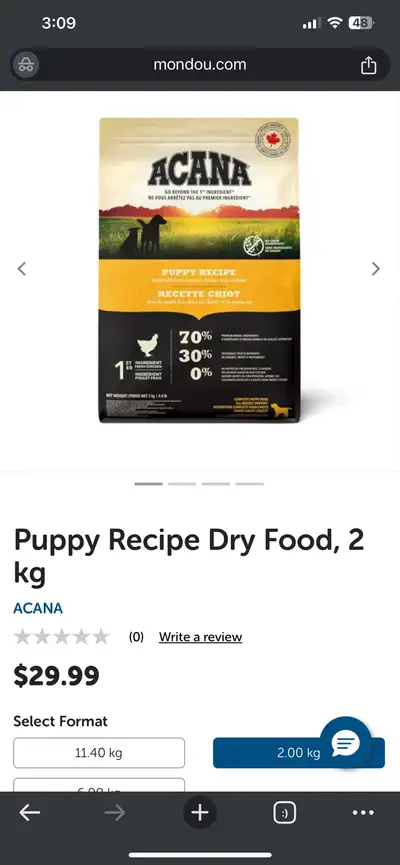 Jamais ouvert, je l’ai acheté pour mon chiot mais j’ai décidé de lui donner une autre nourriture. Do...
