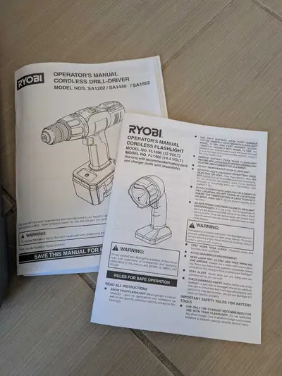 Ryobi 14.4V cordless drill, cordless flashlight, View more