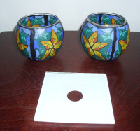 2 mosaic candle holders and glass coaster