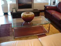 Modern glass, metal & wood coffee table