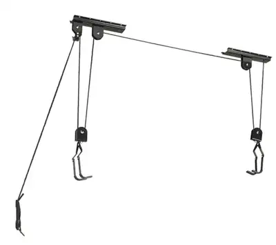 Brand new in box. Pulley system easily lifts bikes up to 50 lb (22.6 kg). Heavy duty steel construct...