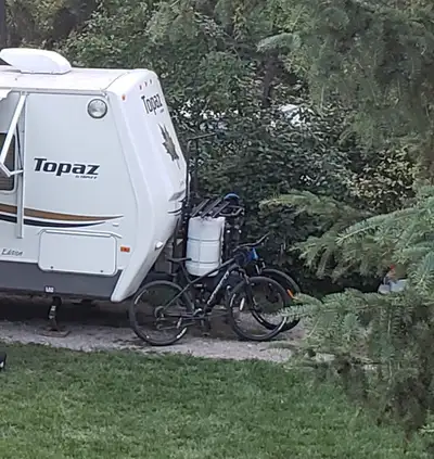 Arvika bike rack mounts on front of trailer. Holds 3 bikes - convenient and durable. See Arvika.ca f...
