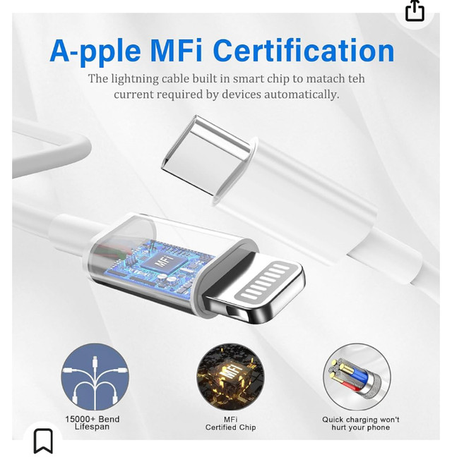 iPhone 14 13 12 Fast Charger,【Apple MFi Certified】 2-Pack 20W Ty in Cell Phones in Winnipeg - Image 3