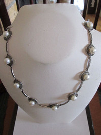 Sterling Silver and Marcasite Pearl Chocker Necklace
