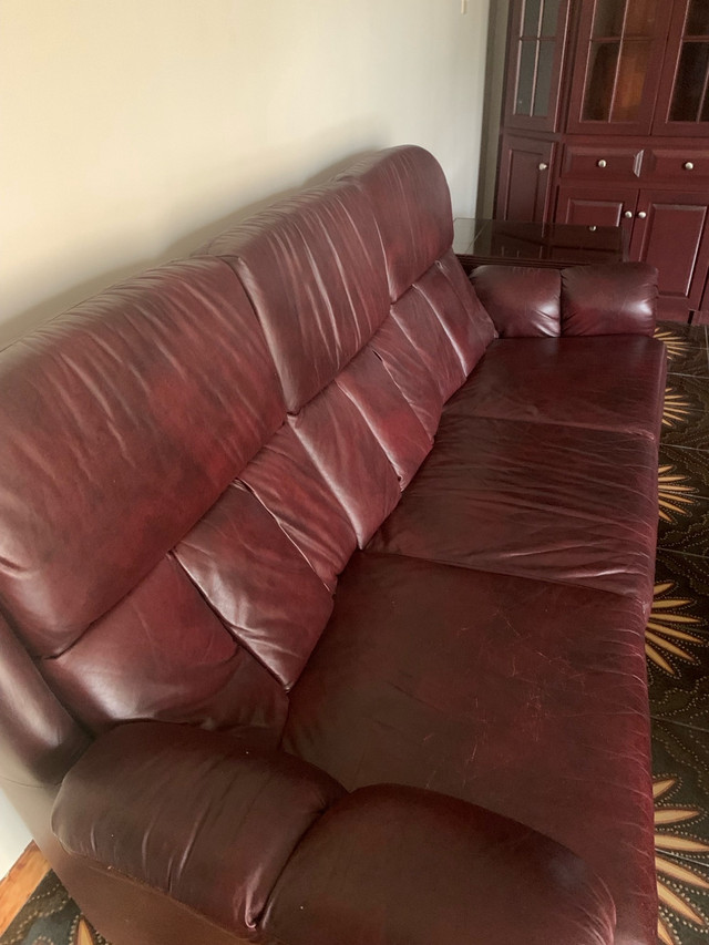 5 piece mint leather sofa set ( with coffee table and end tables in Couches & Futons in Hamilton