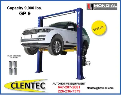 2 POST HOIST 9000lb $3,200.00 + HST CLENTEC AUTOMOTIVE EQUIPMENT SALES - INSTALLATION - SERVICE - PA...