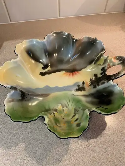 Gorgeous vintage painted, scalloped dish, made in Germany, 9 inches across, 2.5 inches high. Mint co...