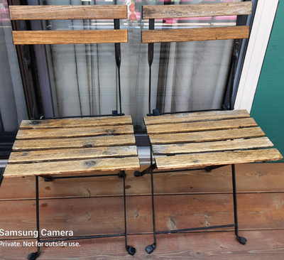 Pair of teak and steel frame folding chairs patio tailgate bbq, View more