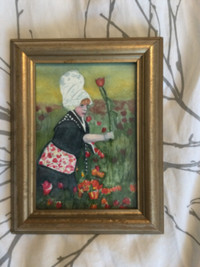 Vintage DUTCH PAINTING * Dutch Girl in Tulip Field * Signed