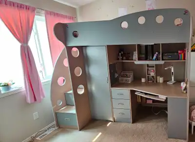 Loft twin bed with desk and storage, View more