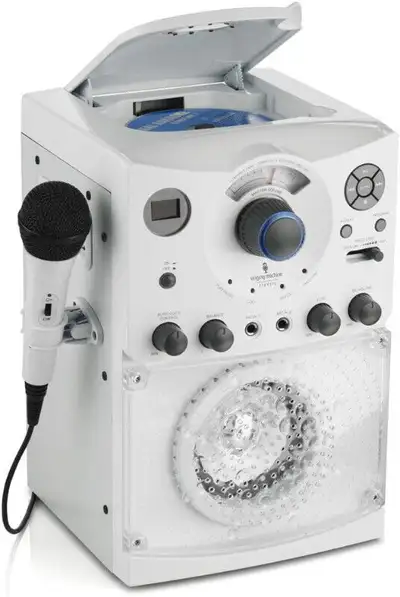 White Singing Machine; SML-385W Disco Light Karaoke System with Attached Mic. Plug in any audio sour...