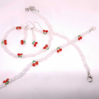 Handmade Beaded Cherry Necklace, Bracelet,  and Earring Set