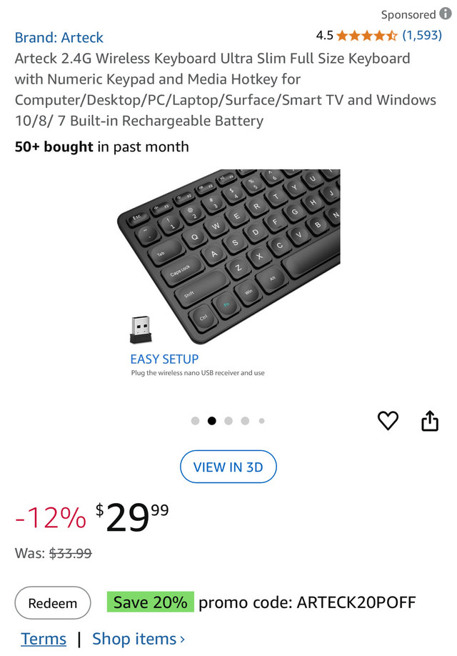 Arteck HW205-B 2.4G Wireless Keyboard - Ultra Slim Full Size in Mice, Keyboards & Webcams in Ottawa - Image 4