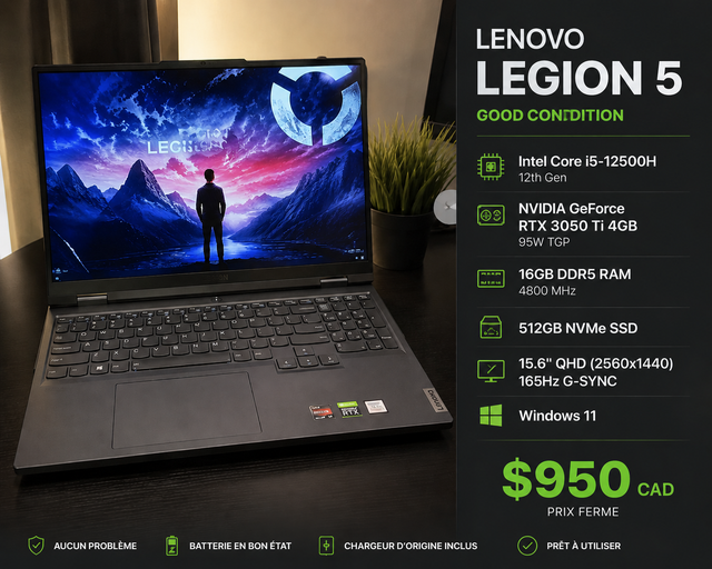 Lenovo Legion 5 | i5-12500H | RTX 3050 Ti | 16 Go DDR5 | QHD 165 in Laptops in City of Montréal - Image 2