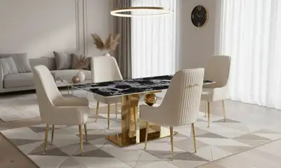 Modern Dining Set – Black Marble Table with Cream Chairs, View more