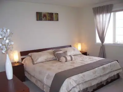 Furnished Master Bedroom with walk-in closet and private ensuite washroom in a 3-bedroom, 2 bathroom...