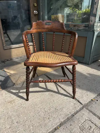 Antique Curved Back Barrel Oak Caned Chair, View more
