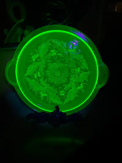 Vintage Green Uranium Glass Cake Dessert Plate with Acorn Design. This is 10.5" diameter or 12" diam...