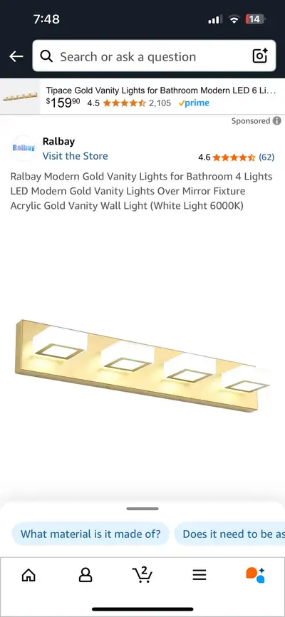 Ralbay Gold Vanity Light, View more