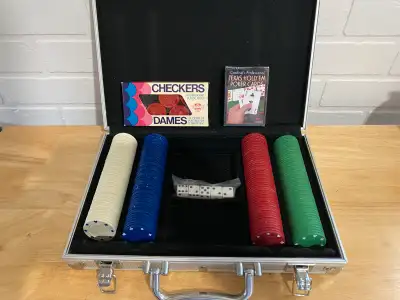 Poker chips (missing one white chip) Texas hold’em cards Checkers pices Dice unopened