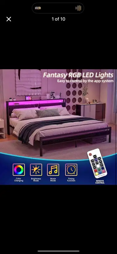 King Bed Frame withWood Storage Headboard and LED Lights,Heavy D, View more