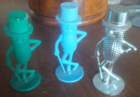 3 Mr. Peanut Figurines, Blue, Silver, Green, Shakers, 3" Tall