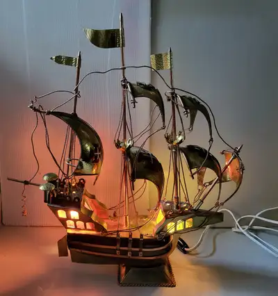 Vintage Brass/ Wood/Copper Three Mast British Galleon Ship Lamp, View more
