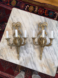 Wonderful Pair French Gilt solid brass Bow Cross Torchiere Swag 