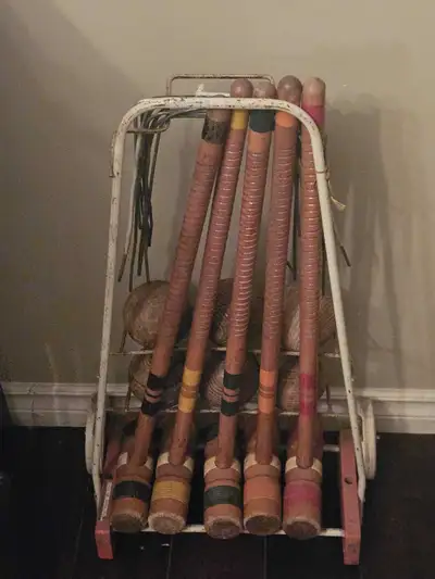 Vintage South Bend Indiana Wooden Croquet Set on Wheeled Cart, View more