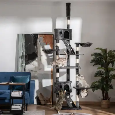 94"-102" Floor to Ceiling Cat Tree High Cat Condo Scratching Post Activity Center Multi-Level Play H...