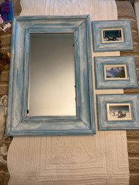 Distressed mirror & 3 pictures 