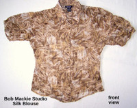 Bob Mackie Studio, 100% silk  blouse, M brown short sleeves, new