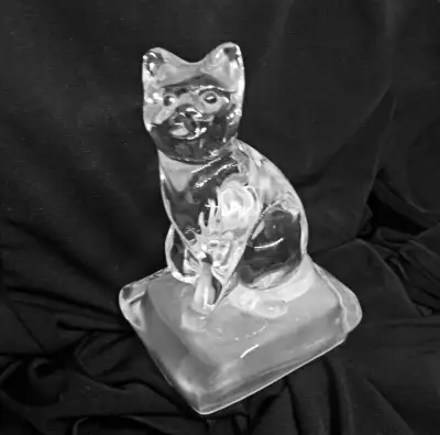Vintage Clear Glass Cat on Frosted Glass Base, View more