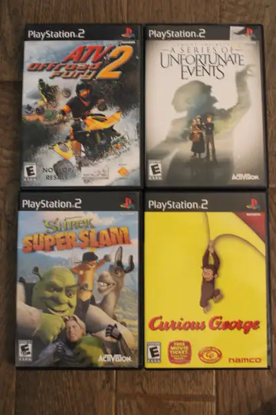 Each game $5. ATV 2 Offroad Fury A Series of Unfortunate Events Shrek SuperSlam Curious George