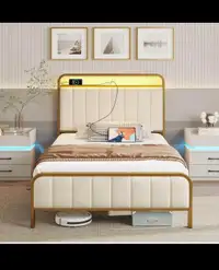 Bed Frame Twin Size with Charging Station and LED Lights, Uphols