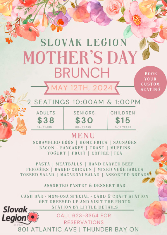 MOTHERS DAY BRUNCH MAY 12 AT THE SLOVAK LEGION in Events in Thunder Bay