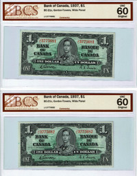 1937 $1  Bank of Canada Banknotes, Graded UNC-60 & Consecutive