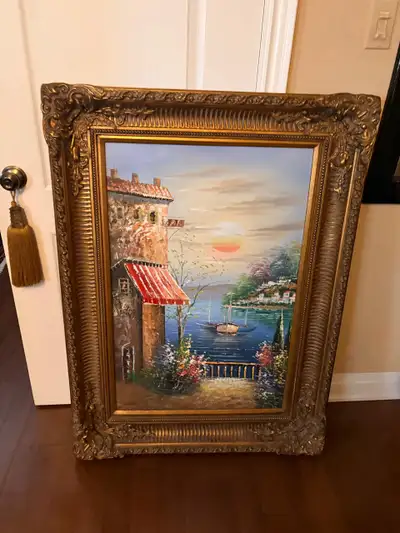 No copy print on canvas its an artist hand paint oil on canvas. 45 years old with gold antique frame...