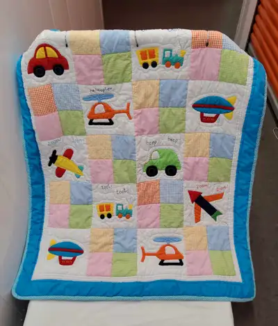Baby Toddler Crib Quilt Blanket Comforter Transportation Vehicles Theme Car Train Plane 40x48 Blue S...