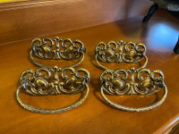 4 Vintage Ornate Brass Punched Metal Cabinet Handles Drawer Pull