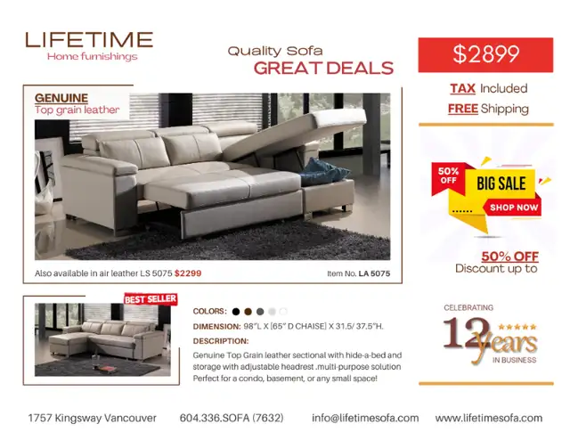BEST SELLER Genuine Top Grain leather sectional sofa bed in Couches & Futons in Vancouver - Image 2