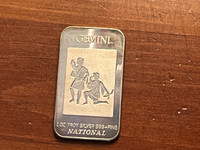 Vintage Gemini Silver Bar 1 oz 999 Art Bar National USA